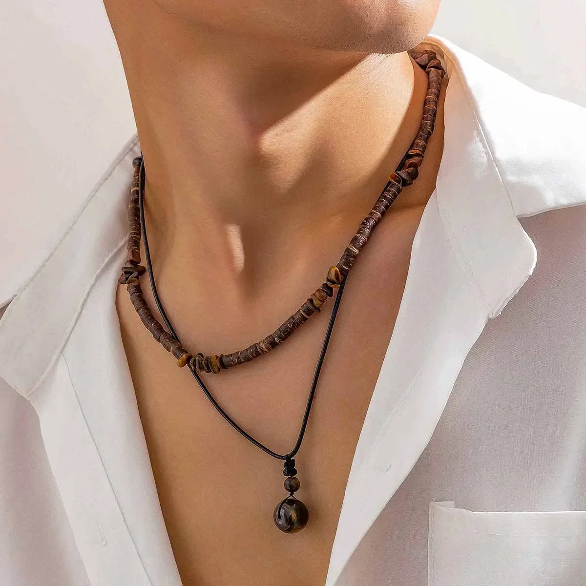 Collier Homme Bois Perles