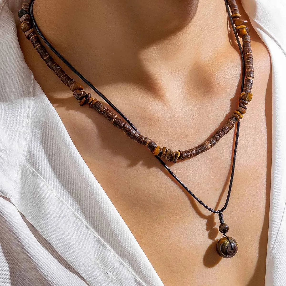 Collier Homme Bois Perles